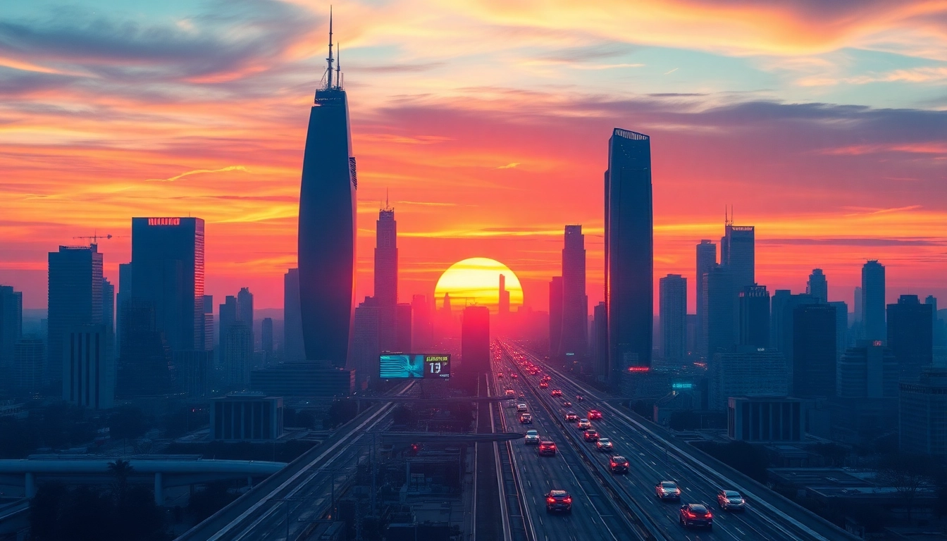 Showcasing technology in a futuristic city with neon lights and autonomous vehicles under a sunset sky.