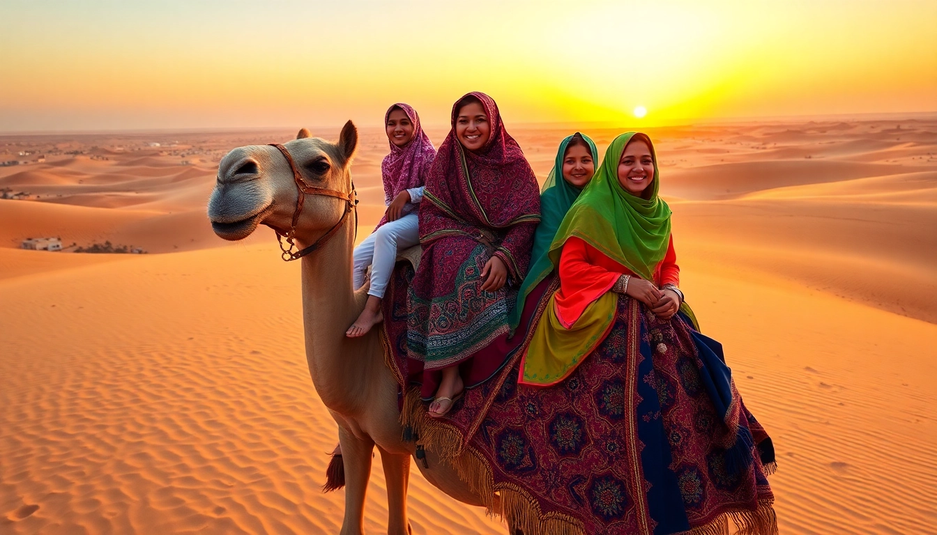 Family holiday in Morocco with kids riding camels at sunset across desert dunes, capturing memorable moments with vibrant scenery.