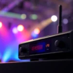 High-quality PG88 wireless microphone receiver with signal indicators on stage lighting background, ideal for professional performances and audio setups.