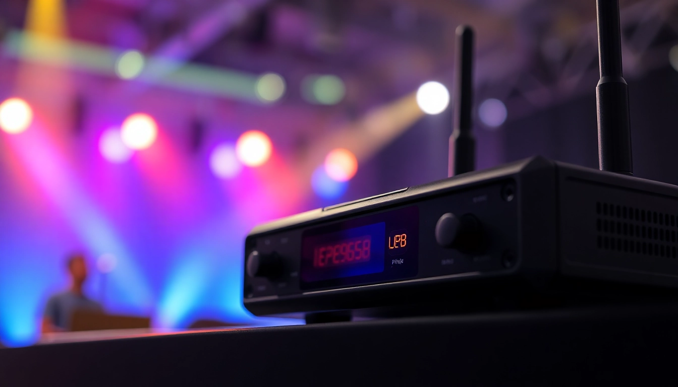 High-quality PG88 wireless microphone receiver with signal indicators on stage lighting background, ideal for professional performances and audio setups.