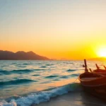 Lombok's scenic beaches with mountains and traditional boats, showcasing natural beauty and tranquility.