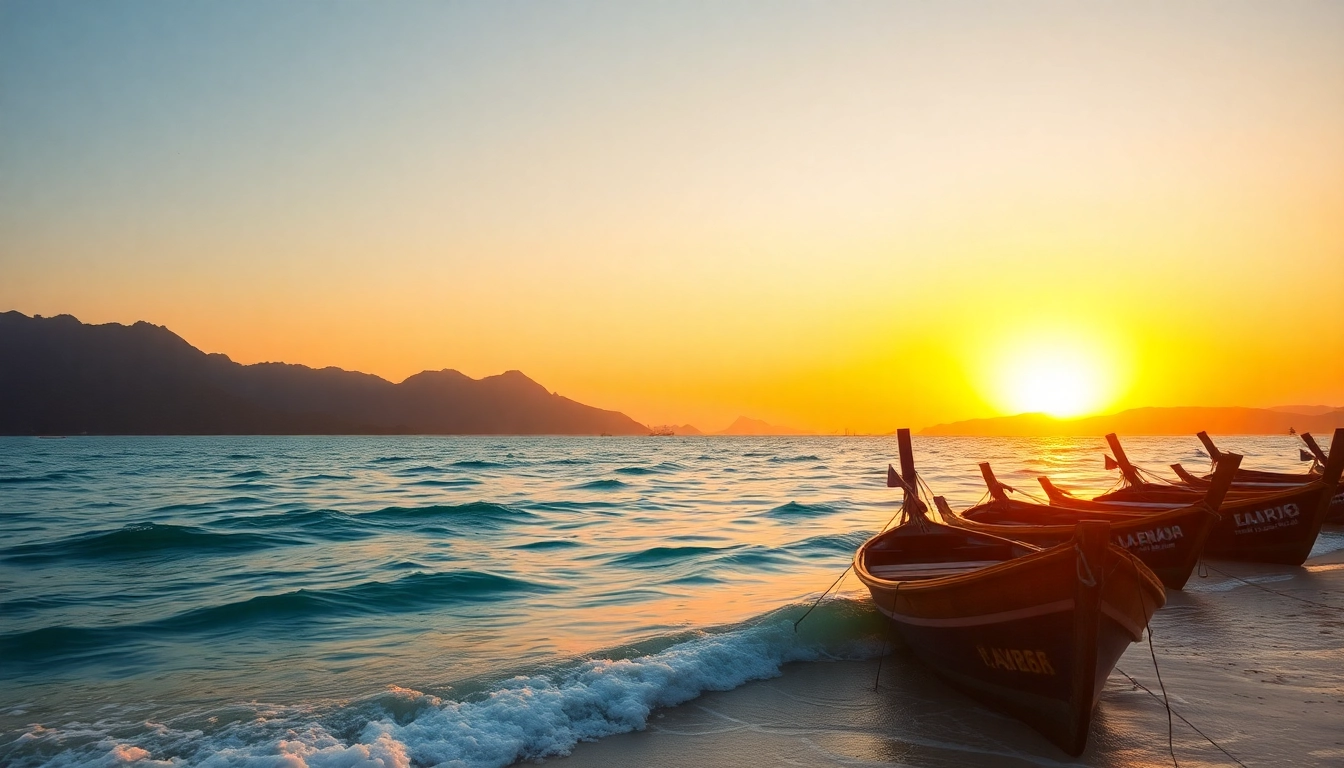 Lombok's scenic beaches with mountains and traditional boats, showcasing natural beauty and tranquility.