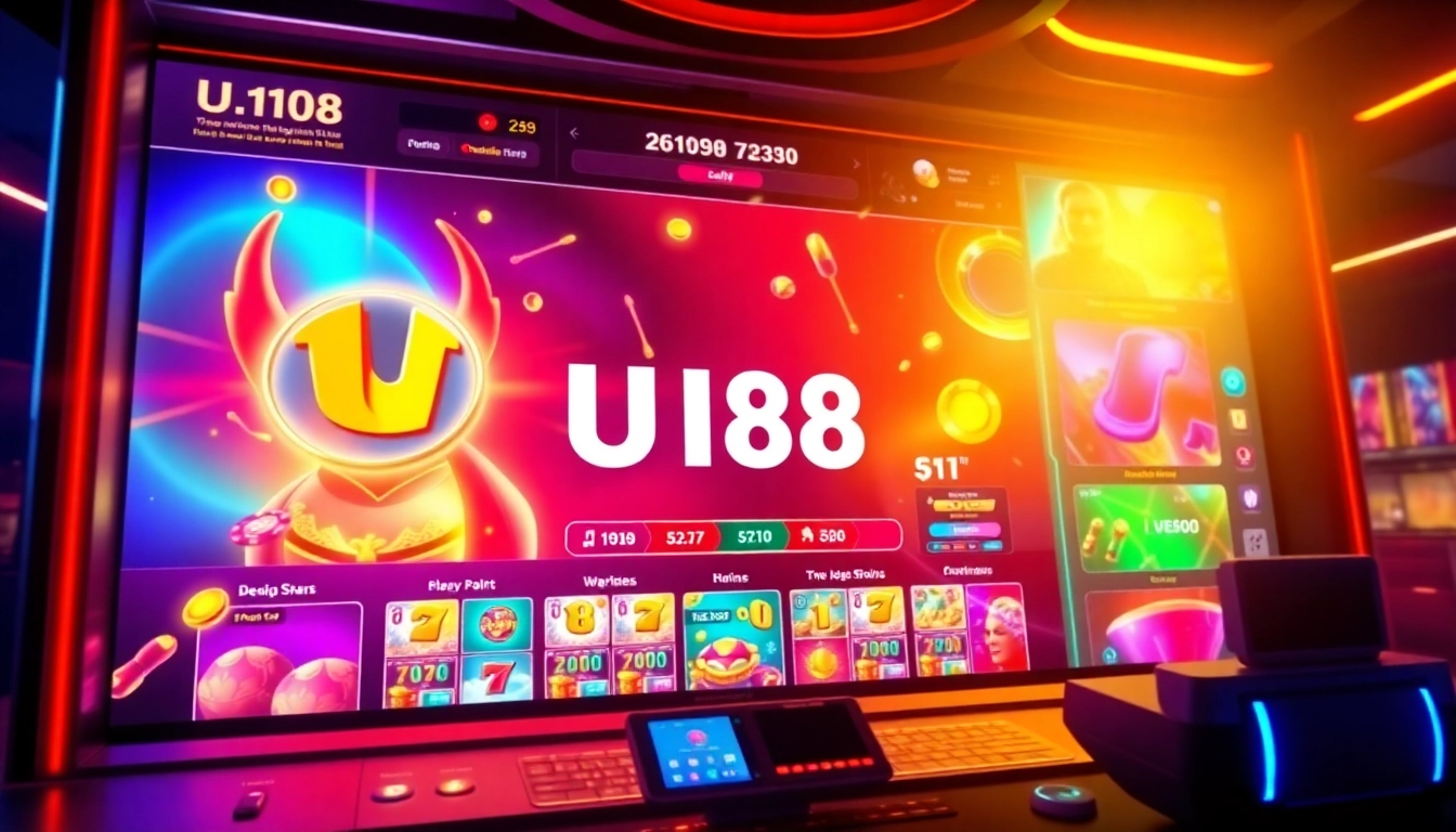Vibrant UU88 online casino platform with bright graphics, gaming chips, and user interface elements emphasizing trust and entertainment for players.