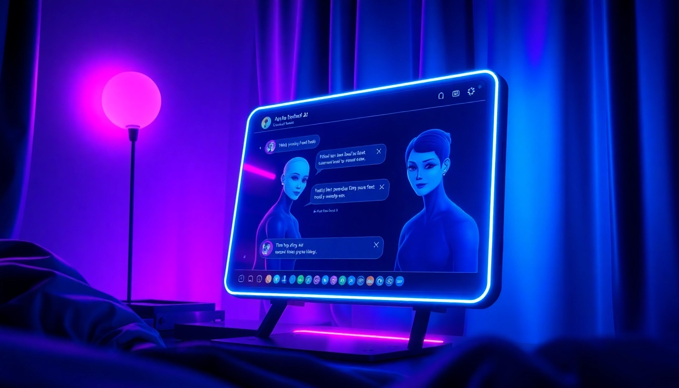 Futuristic AI chat interface with animated characters in a dimly lit room with neon lighting