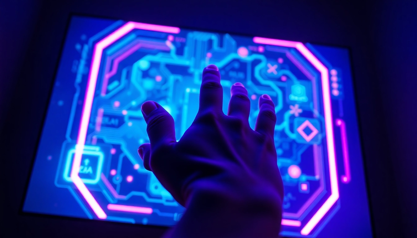 Close-up of a person's hand interacting with a neon-lit futuristic AI interface on a high-tech screen in a dimly lit room.