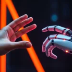 Human or Not AI game: a person and robot engaging in conversation, highlighting AI vs. human interaction with focus on discernment skills for accessibility.