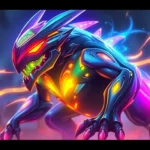 Close-up of 789f.monster revealing intricate details, aggressive stance, vibrant hue, and an electrifying environment for engaging visual storytelling.