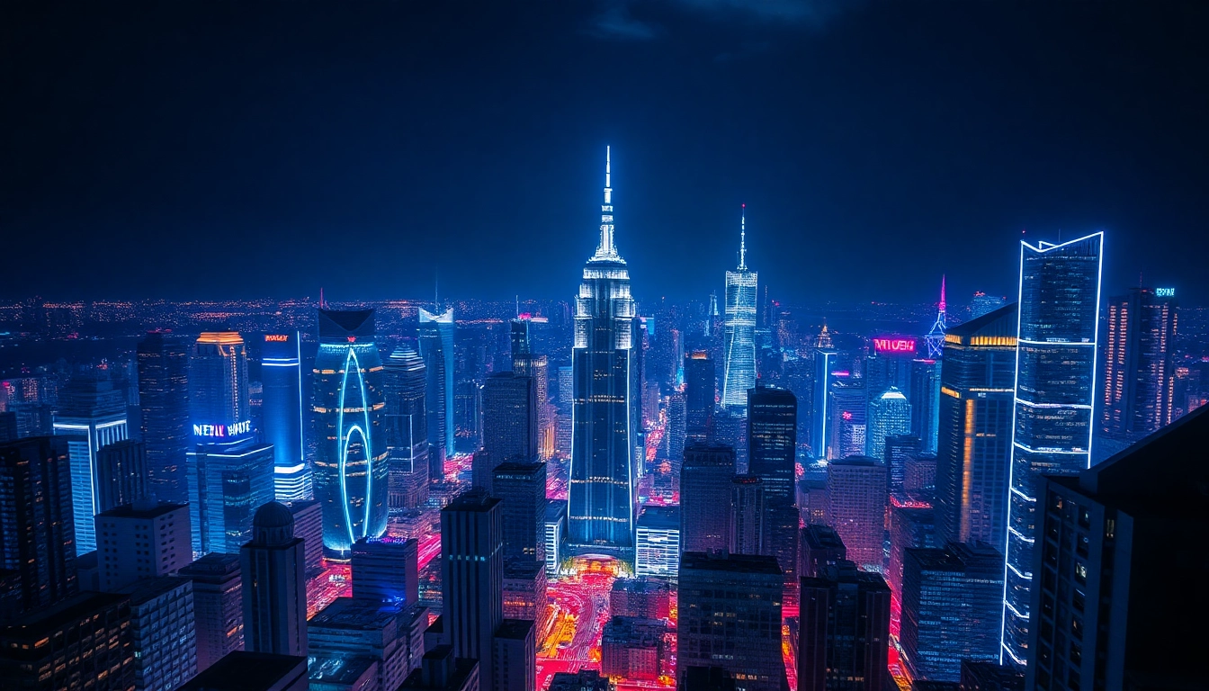 Showcase technology in an urban night skyline glowing with neon lights and modern architecture.
