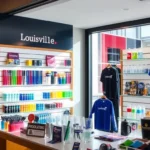 Showcase of promotional products in Louisville, featuring branded pens, drinkware, and apparel arranged professionally to attract local businesses.