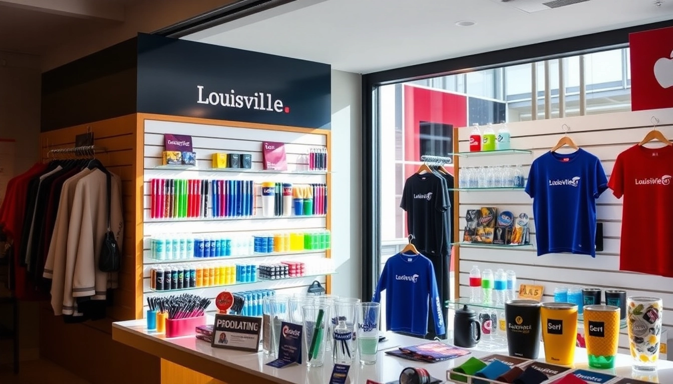 Showcase of promotional products in Louisville, featuring branded pens, drinkware, and apparel arranged professionally to attract local businesses.