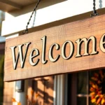 Beautiful wooden welcome signs decorate a charming porch, inviting guests warmly with rustic style and detailed craftsmanship.