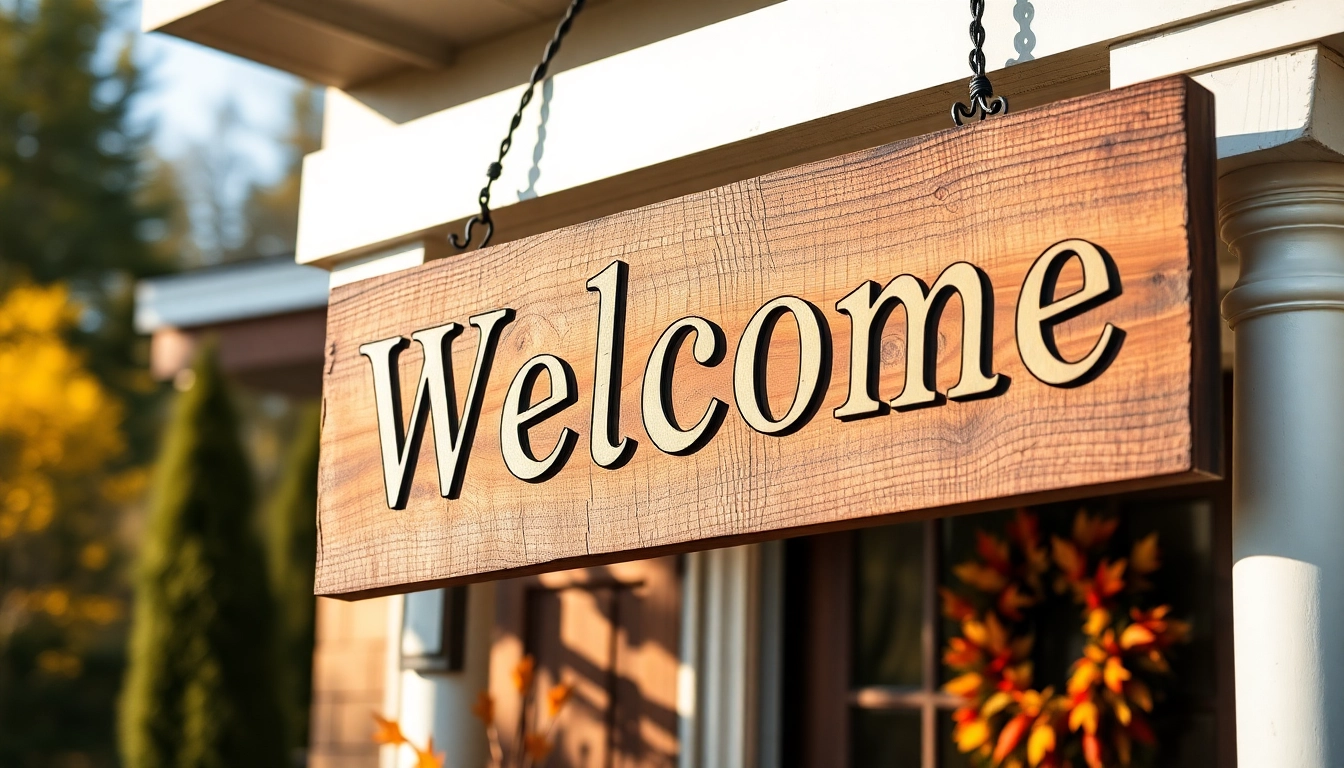 Beautiful wooden welcome signs decorate a charming porch, inviting guests warmly with rustic style and detailed craftsmanship.