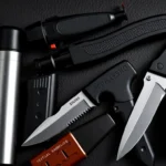 Self-defense weapons such as pepper spray, stun guns, and tactical knives positioned for safe handling, emphasizing security and empowerment for personal safety.