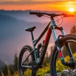 Trek mountain bike on a rugged trail through lush forest during sunset, perfect for outdoor adventures.