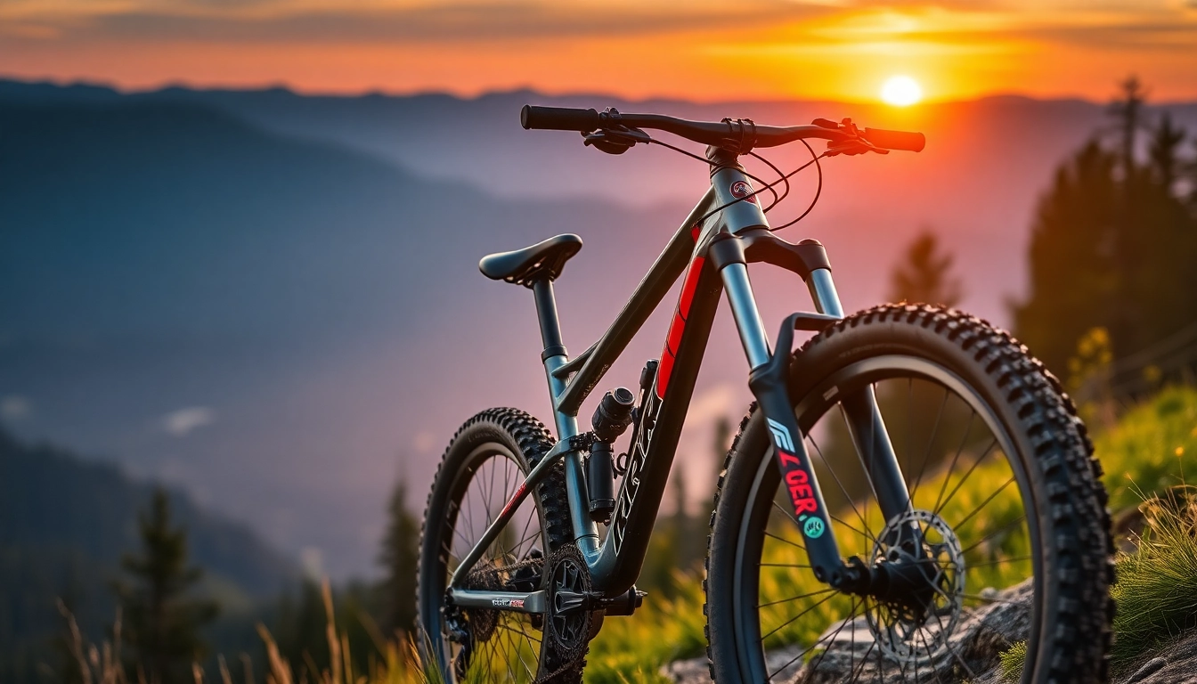 Trek mountain bike on a rugged trail through lush forest during sunset, perfect for outdoor adventures.