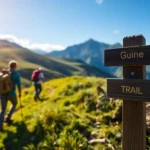 Guided hike through lush mountains with expert guides leading a group on scenic trail for nature lovers and adventure seekers.