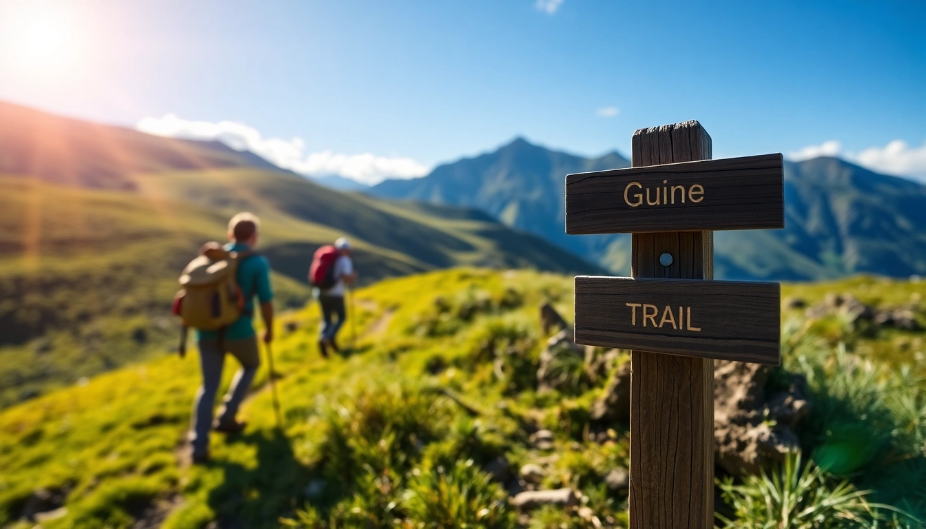 Guided hike through lush mountains with expert guides leading a group on scenic trail for nature lovers and adventure seekers.