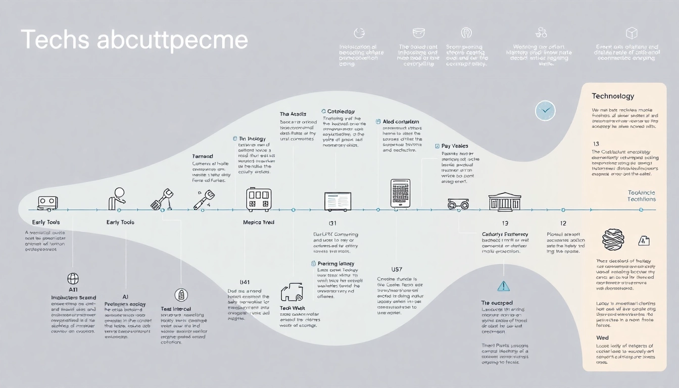 Comprehensive overview of technology evolution, featuring icons of computers, AI, and quantum devices, illustrating its rapid development over centuries.