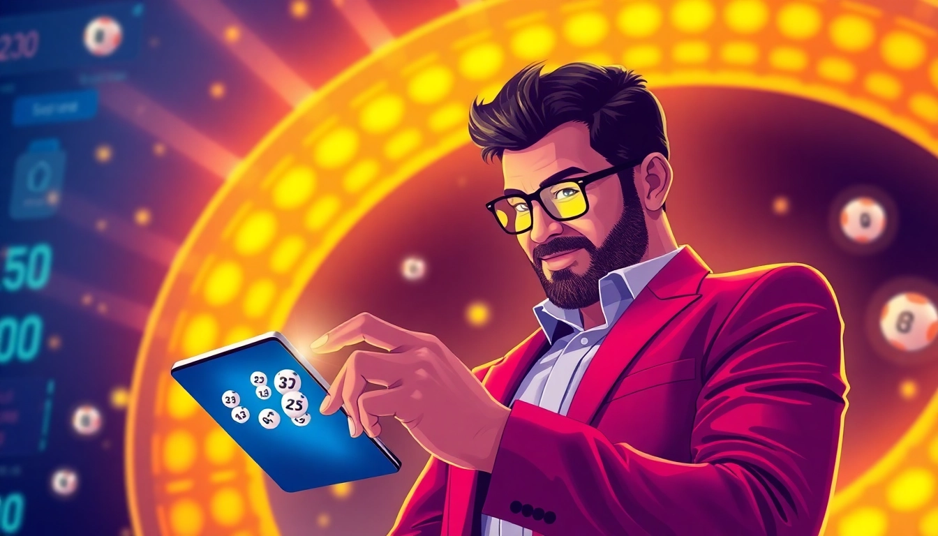 Men toto betting on a smartphone with lottery numbers, symbolizing trust and excitement in online togel platforms.