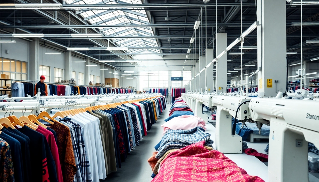 Clothing manufacturers creating custom apparel in a state-of-the-art factory environment for quality and efficiency