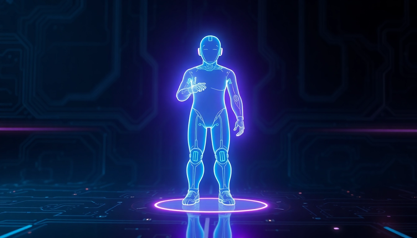 A futuristic holographic AI chatbot interface in a cyber environment with neon accents and high-tech textures.