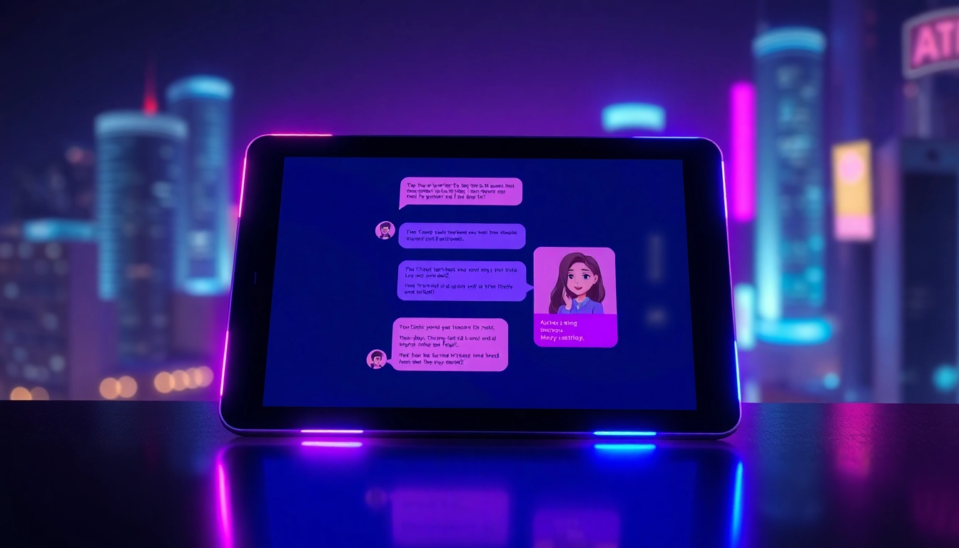 Futuristic chat interface on a tablet with colorful neon accents and AI characters