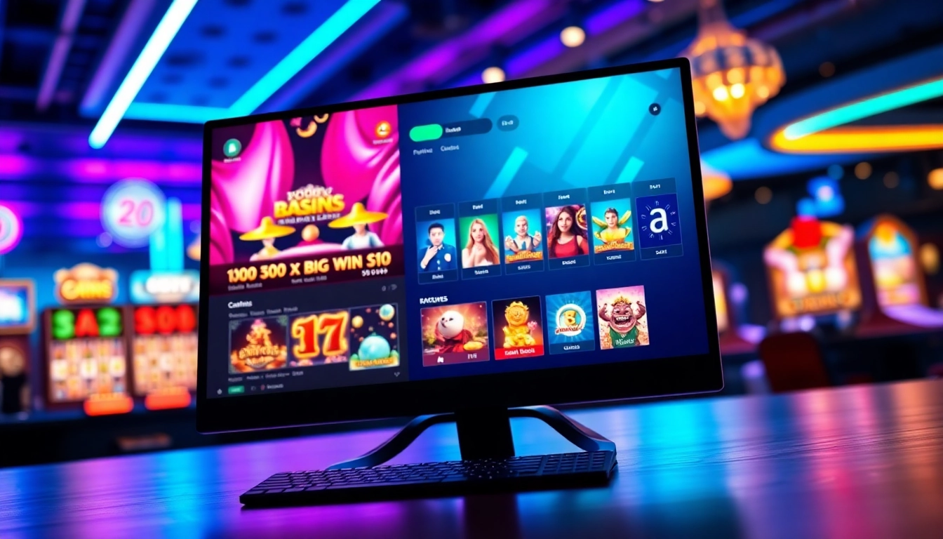 An illustration of an online gaming platform with vibrant graphics and neon lighting, evoking excitement and professionalism.