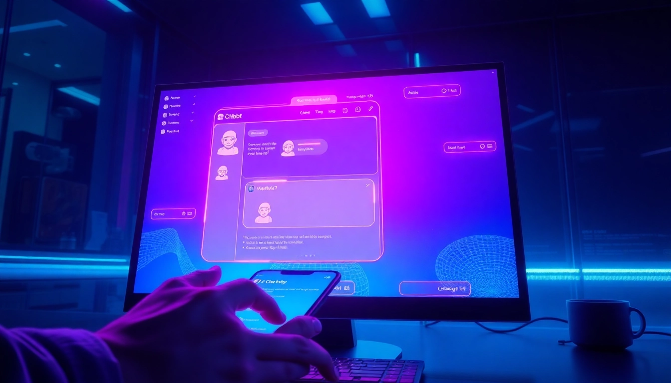 An illustration of a futuristic AI chatbot interface on a modern computer screen with neon colors, high-tech environment, and a user interacting via mobile device.
