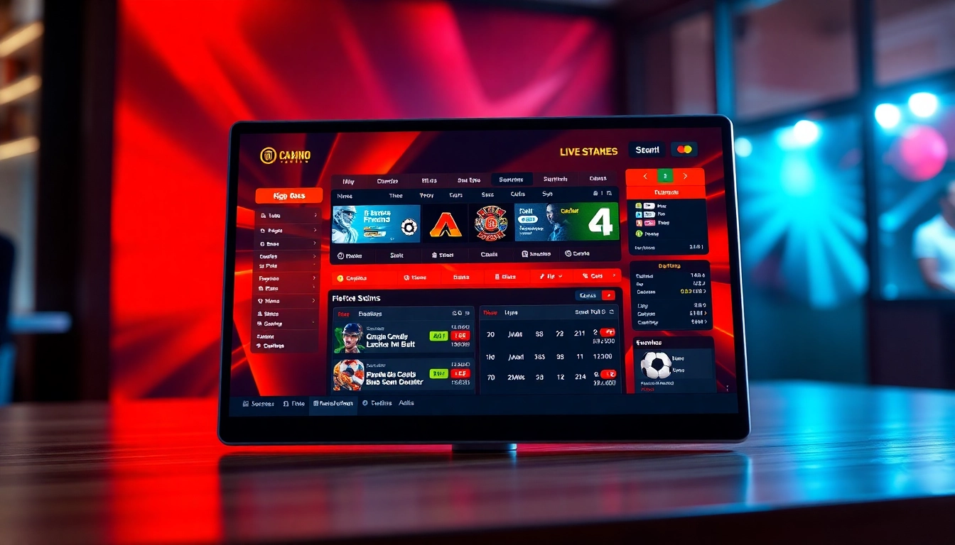 An online sportsbook and casino platform displayed on a sleek screen with vibrant colors and dynamic betting elements.