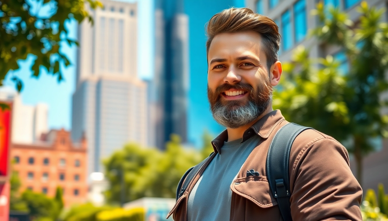 A confident man with a beard standing outdoors in a cityscape during daylight.
