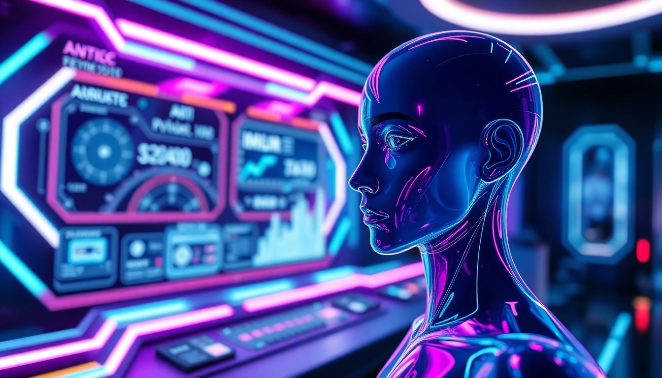 Futuristic AI interface with holographic displays and a virtual avatar interacting with technology in a high-tech environment.