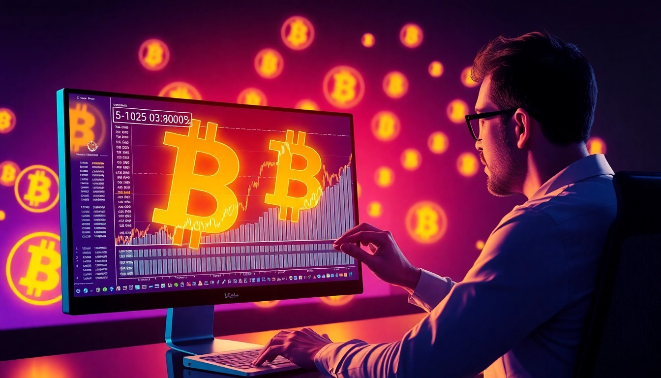Bitcoin investment infographic showing growth trends, digital currency symbols, and data points for investors.