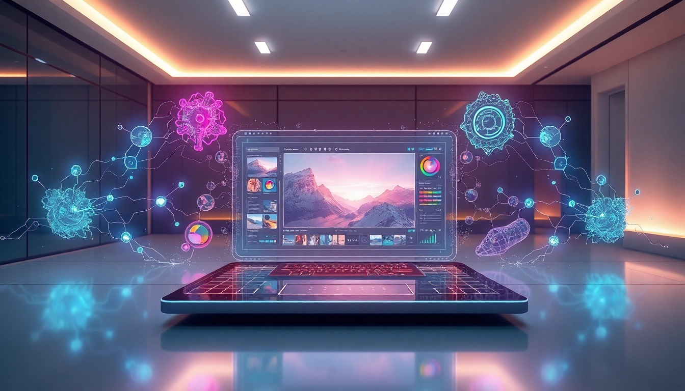 Futuristic AI workspace with holographic editing interface and neural network visuals