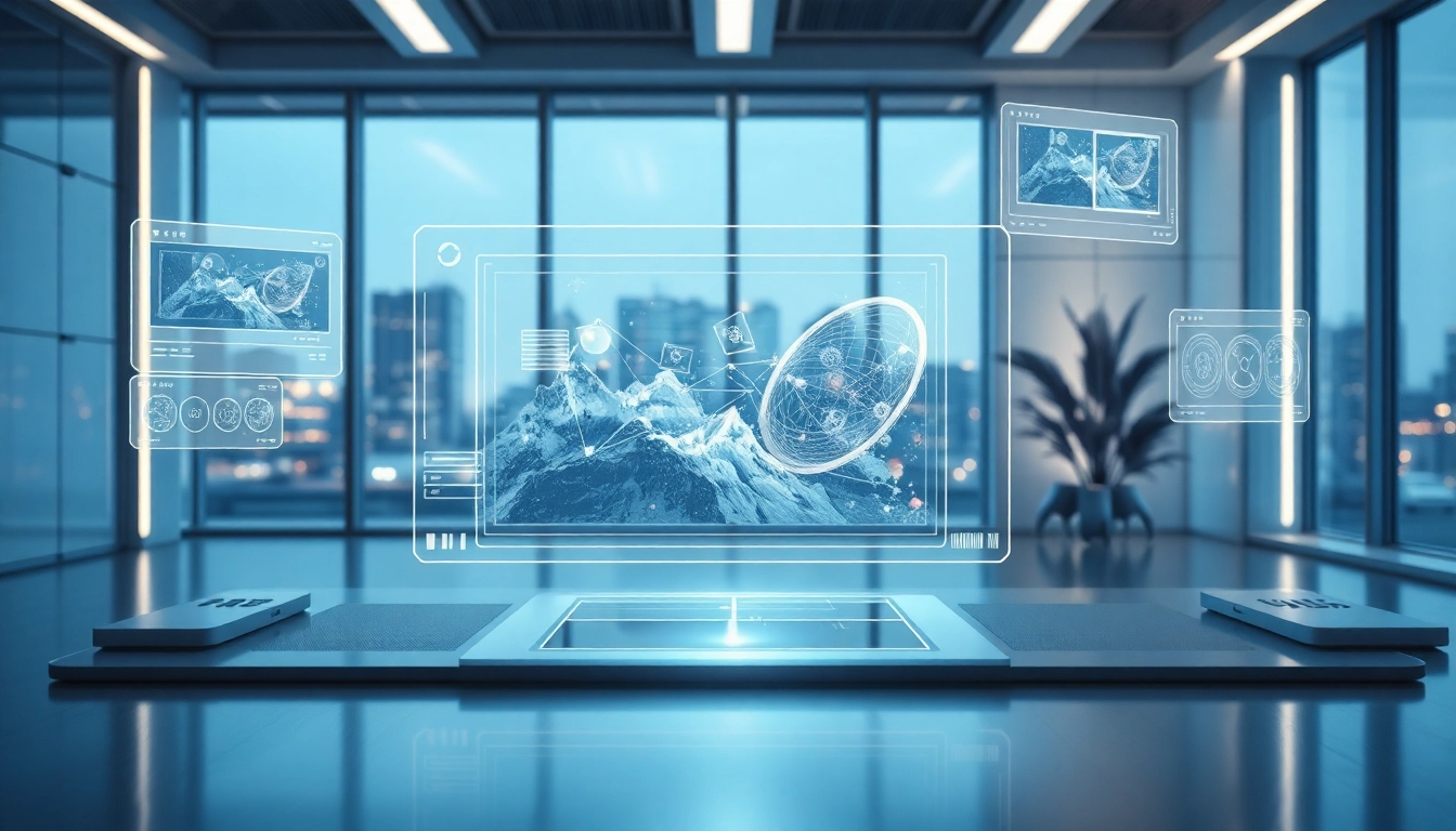 Futuristic AI workspace with holographic editing interfaces and advanced technology