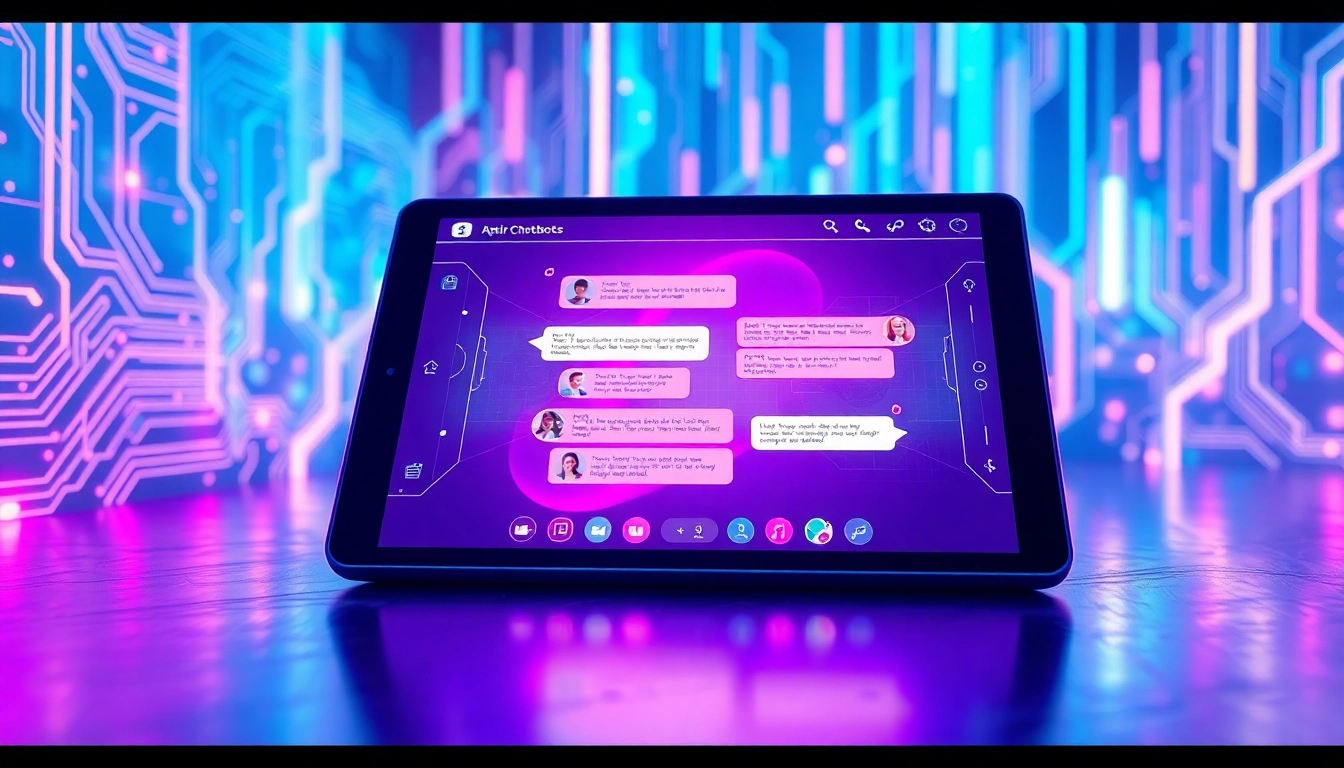 Futuristic AI chatbot interface with neon colors and holographic chat bubbles on a digital screen.