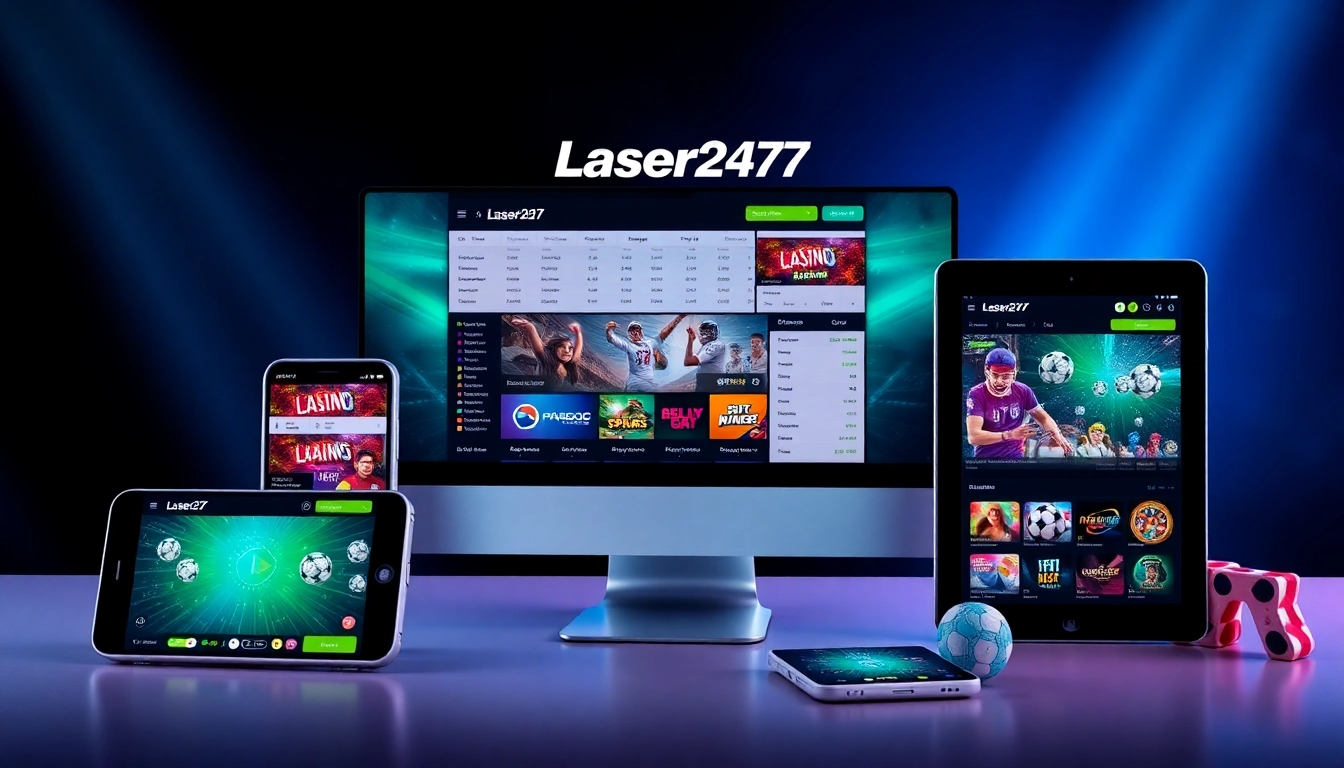 Laser247 online betting platform with sleek interface, featuring live sports and casino games on various devices, emphasizing security and user-friendliness for Indian bettors.