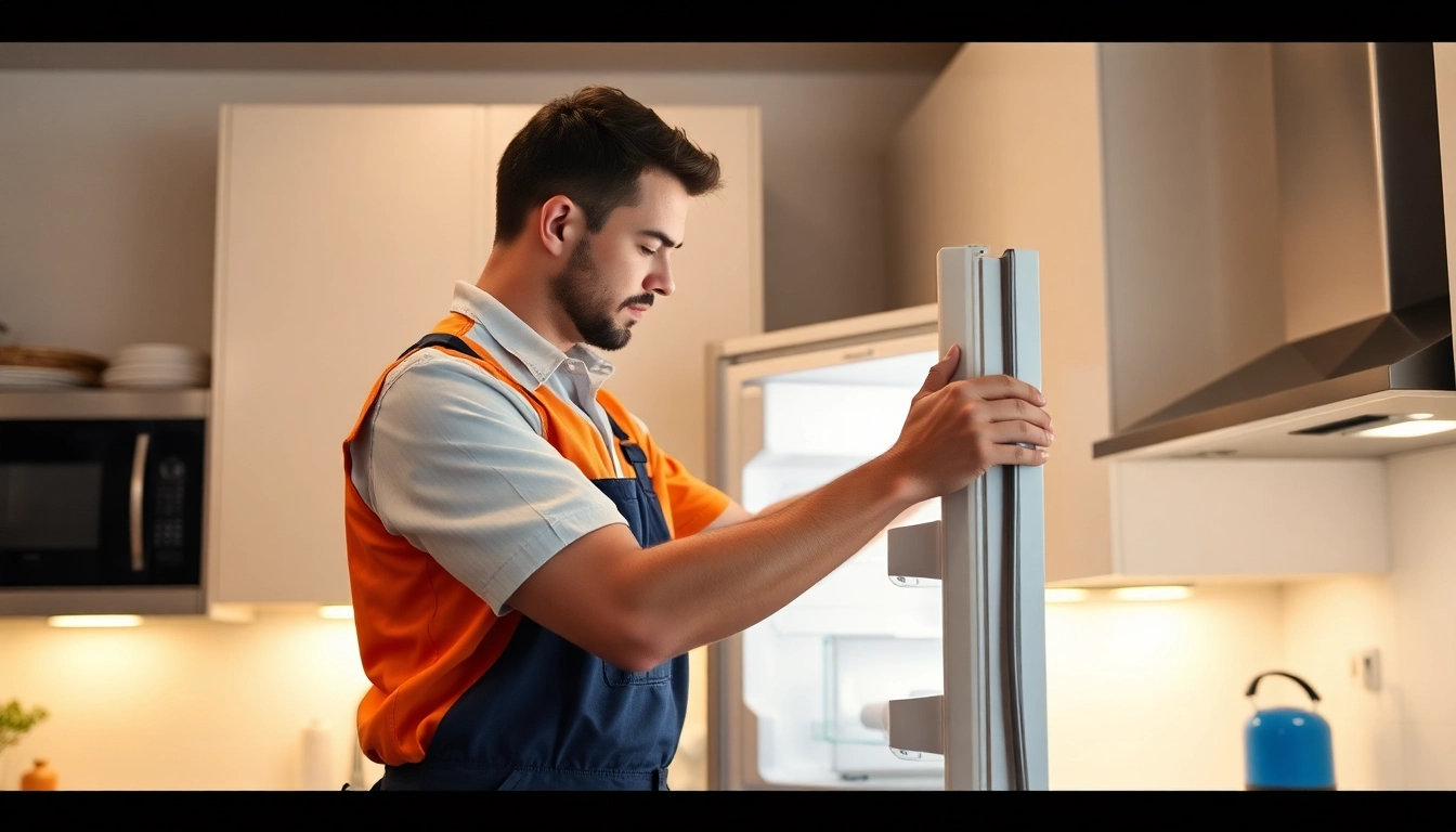 Professional appliance repair Mississauga technician repairing refrigerator in modern kitchen