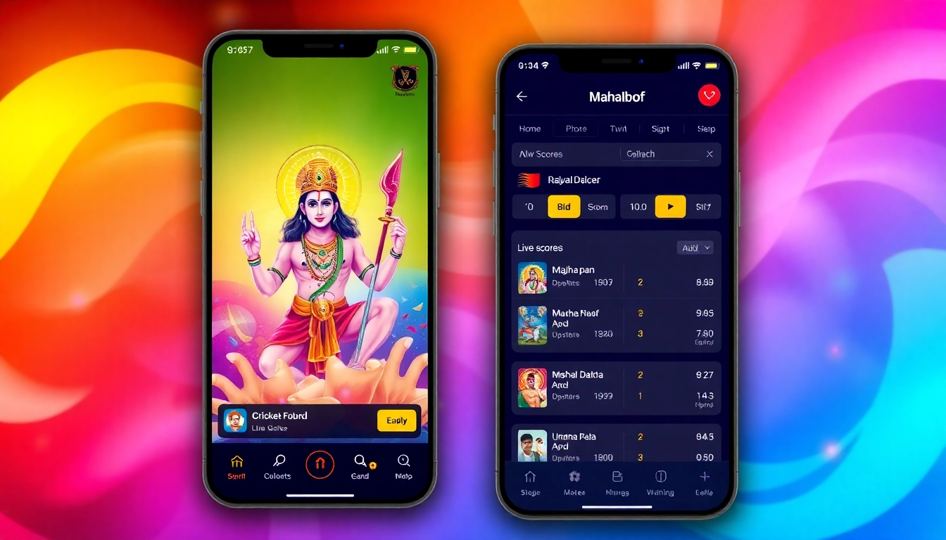 Mahadev book betting platform showing live cricket scores and betting options in vibrant colors