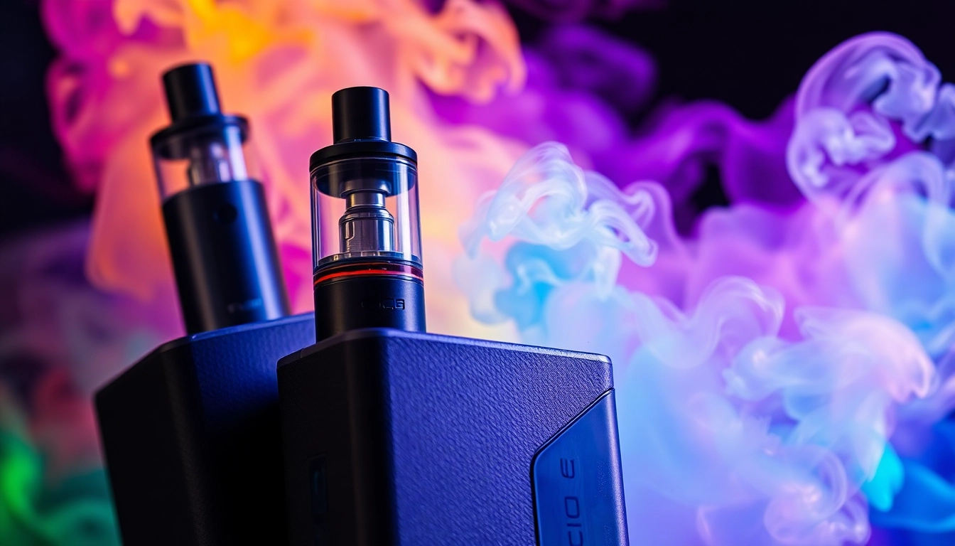 Modern E-cigi vaping device with colorful vapor clouds demonstrating adult usage and innovation