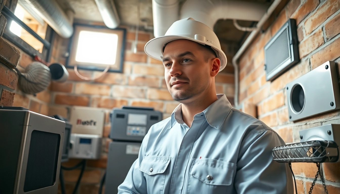 Pest control technician inspecting a basement with traps and monitoring devices for rat control.