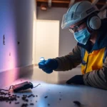 Technicus controleert rattenactiviteit met UV-licht in woning of bedrijf.