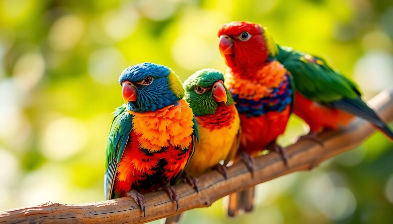 Vivid pet birds perched on a branch showcasing varied colors and feather textures for bird