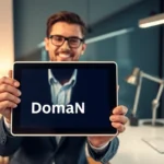 Professional confidently selecting perfect domain name on digital tablet for business branding