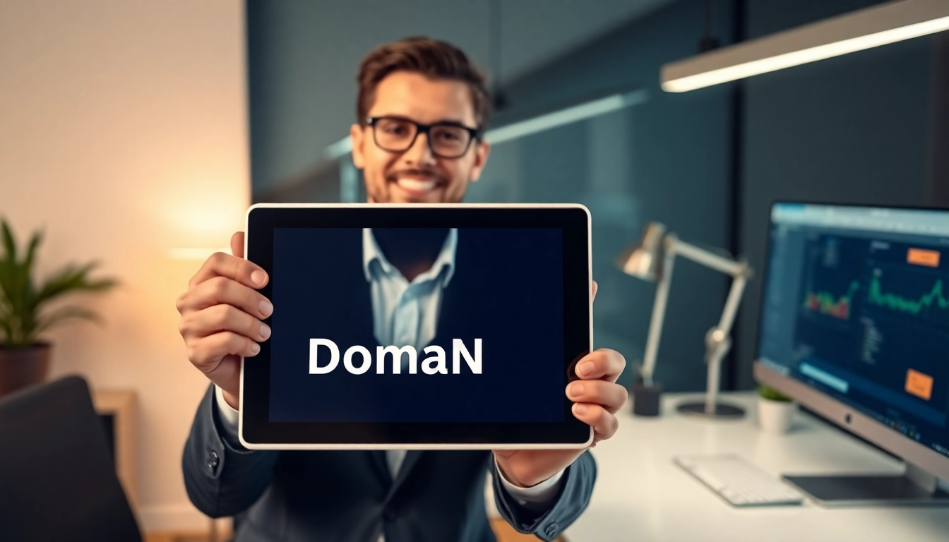 Professional confidently selecting perfect domain name on digital tablet for business branding