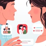 Young adults connecting through plans culs on smartphones with flirtatious chat bubbles,