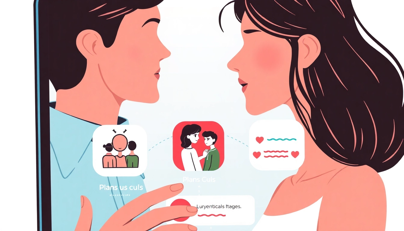 Young adults connecting through plans culs on smartphones with flirtatious chat bubbles,