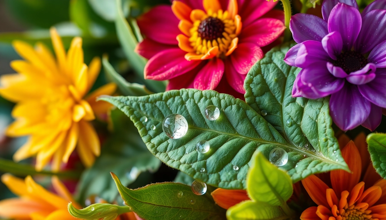 Rich botanicals with fresh leaves and colorful flowers for natural herbal product design