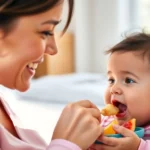 Beautiful mother offering alimentazione naturale per svezzamento bambini with fresh fruit and