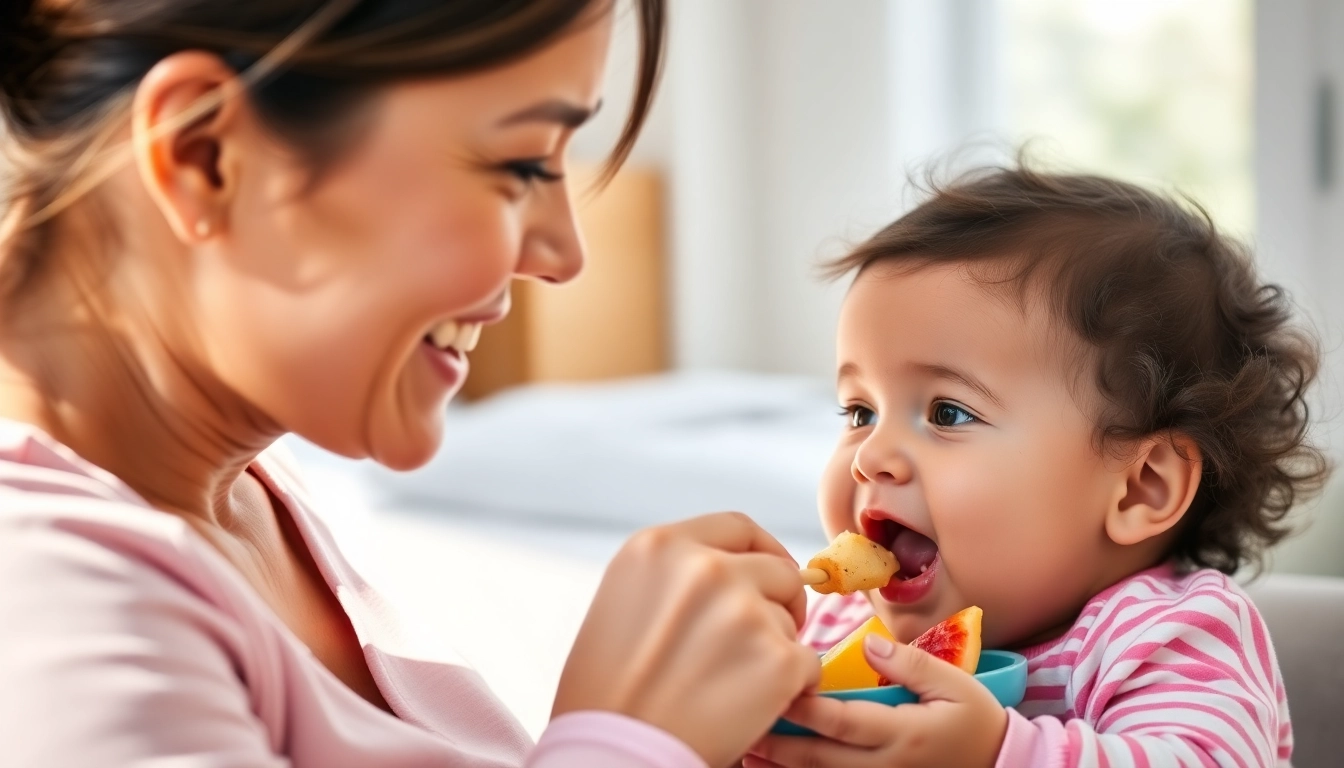 Beautiful mother offering alimentazione naturale per svezzamento bambini with fresh fruit and