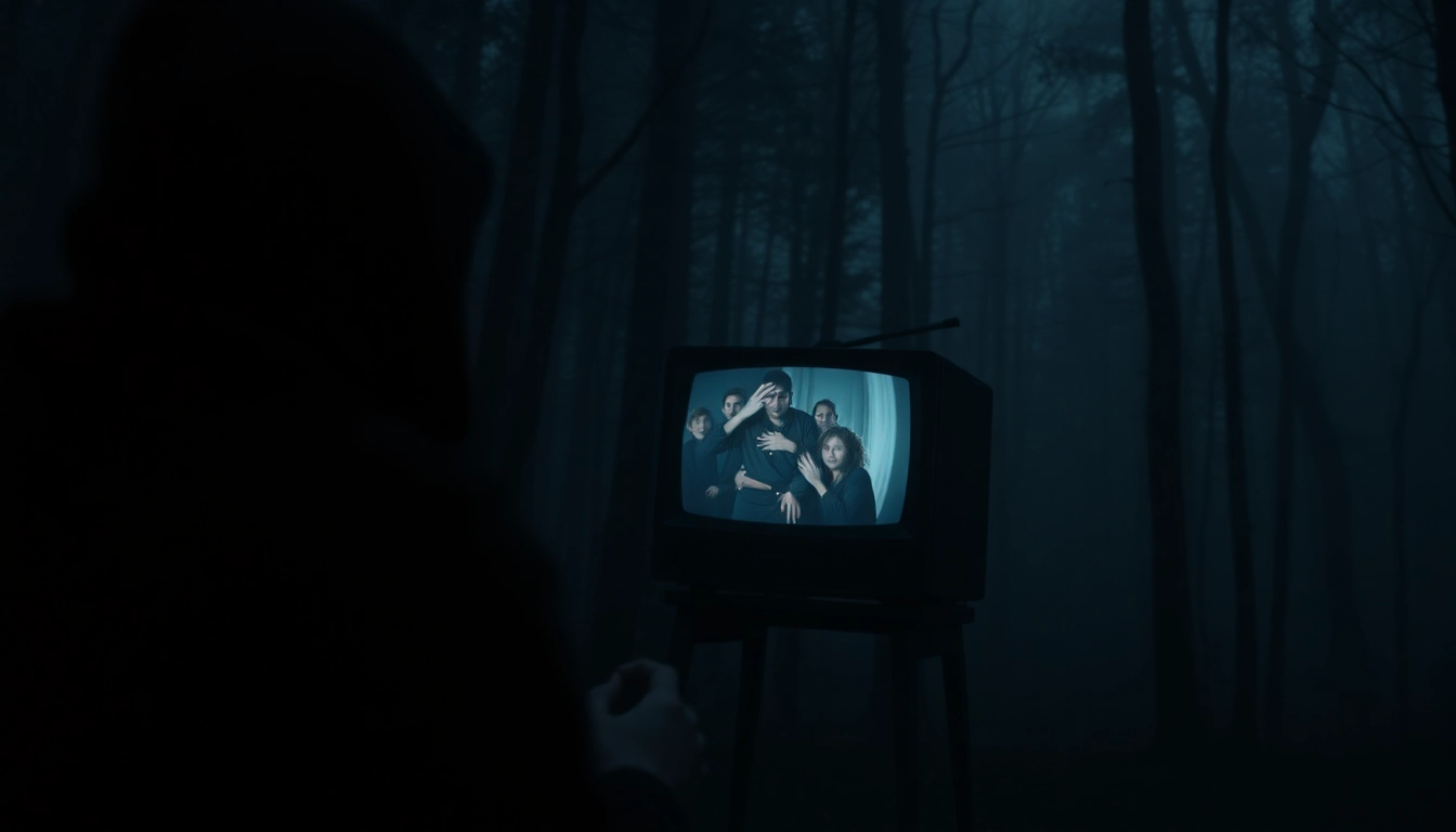 A chilling horror video scene showing a shadowy figure watching a scary video in a dark forest setting, evoking suspense and fear for viewers.